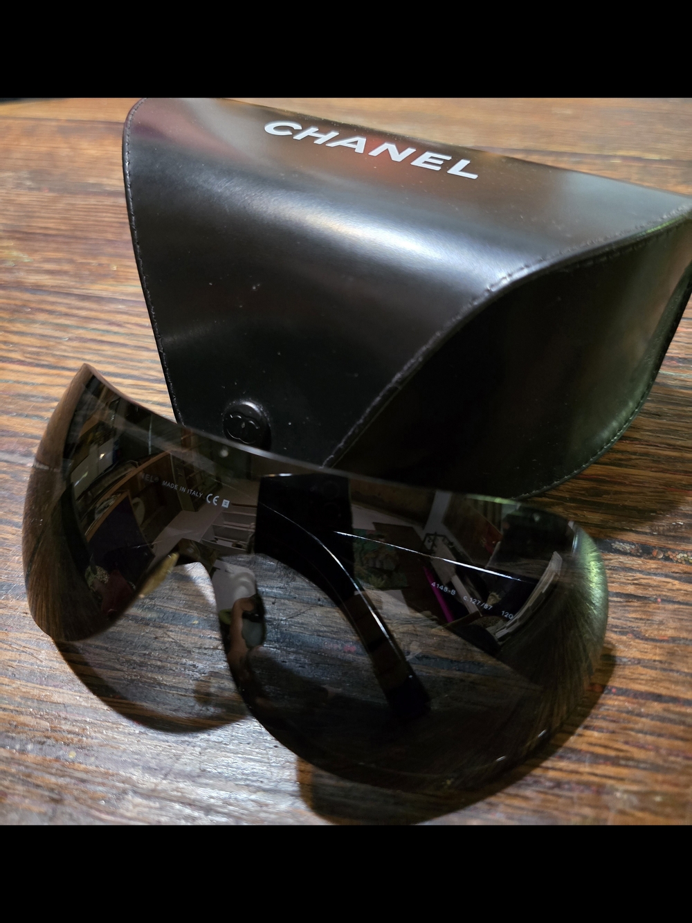 CHANEL Black Shield Sunglasses with Branded Case